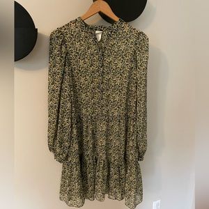 H&M Floral Button-up Mock Neck Baby Doll Semi-Sheer Dress Size XS